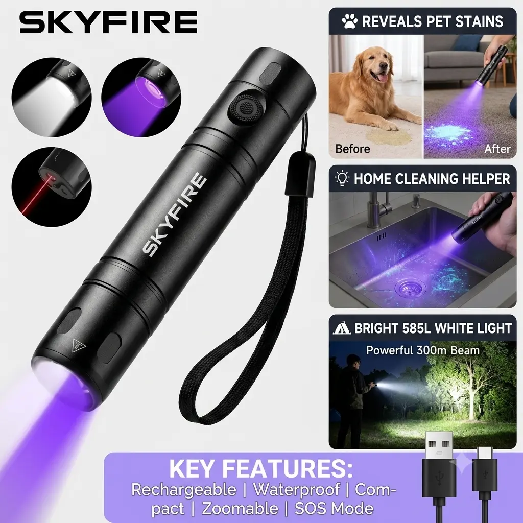 SKYFIRE Cat Ringworm Lamp UV Black light Flashlight,Rechargeable 2-in-1 LED White Light Flashlight and BlackLight 372nm, Waterproof, Zoomable, Super Bright LED for Camping, Hiking, Pet Urine Detection, Scorpion Detection