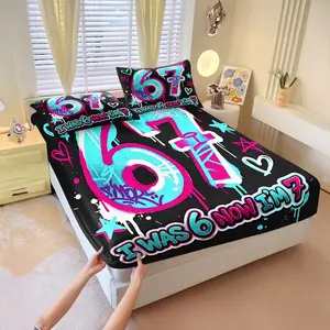 Street Graffiti Number 67 Kids Birthday Art Pattern 3‑Piece Fitted Sheet Set, No Filling Included, Ultra‑Soft Bedding Set, for Parenting Birthday Content Studio, Kid Party Influencer Room, Graffiti Birthday Cozy Nook