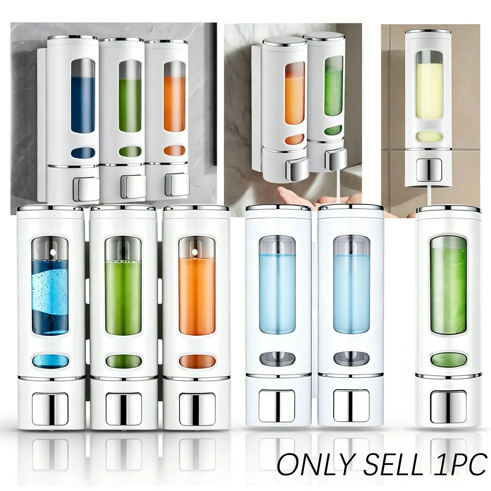 Wall-Mounted Soap Dispenser, Manual Push-Down Hand Sanitizer Dispenser, Bathroom Shower, Shampoo, Conditioner, Lotion Container, No-Hole Design, Commercial & Home Use, Transparent Window, Single/dual/triple Chamber Options