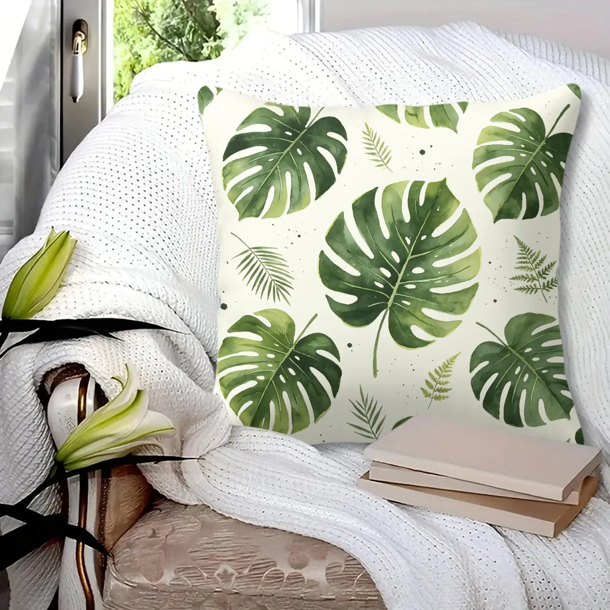 1Pc 45x45cm Microfiber Throw Pillow, Decorative Cushion - Machine Washable, Durable, Monstera Leaf Motif, Watercolor Green Plant Design, Bedroom Decor, Living Room Accent, Guest Room Seating, Ideal for Home Decor Enthusiasts