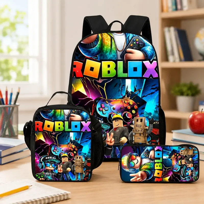 Unisex Roblox Game Graphics Back to School 3-Piece Gym Set - Zippered Closure School Pack, Lunch Container, Pencil Case (Sports & Outdoor Accessory)