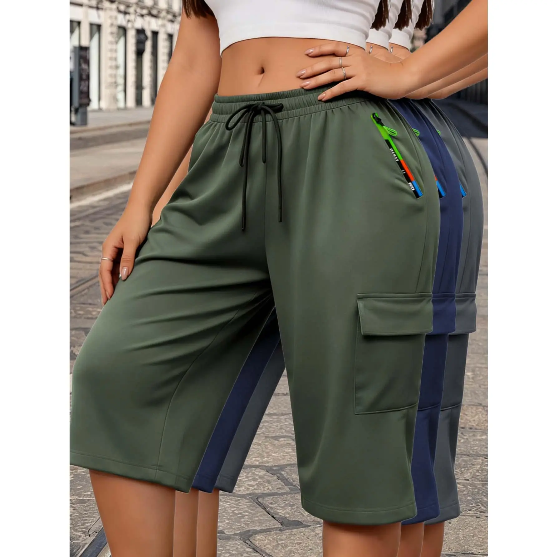 3PCS Women's Summer Cooling Seven Point Cargo Capri Pants, Elastic Drawstring Waist Colorful Zipper Side Pocket & Flap Cargo Pocket, Loose Breathable Cropped Trousers For Daily Commute