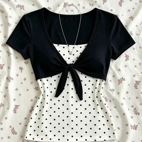 Vintage Short Sleeve Outerwear and Polka Dot Tank Top Set, Women's Casual Waist-Cinch Slimming Two-Piece Set