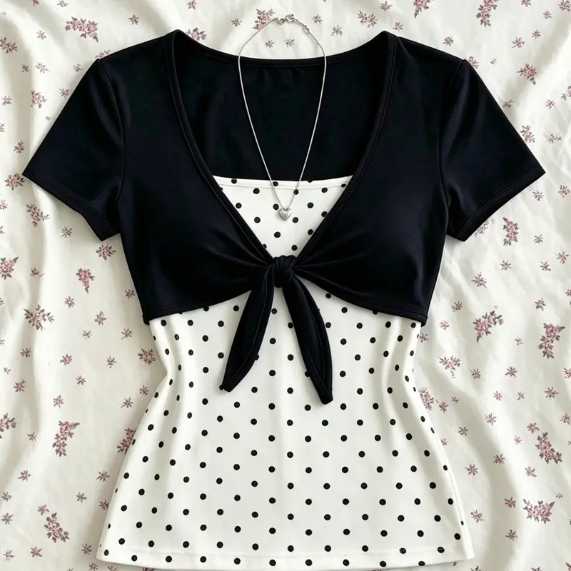 Vintage Short Sleeve Outerwear and Polka Dot Tank Top Set, Women's Casual Waist-Cinch Slimming Two-Piece Set
