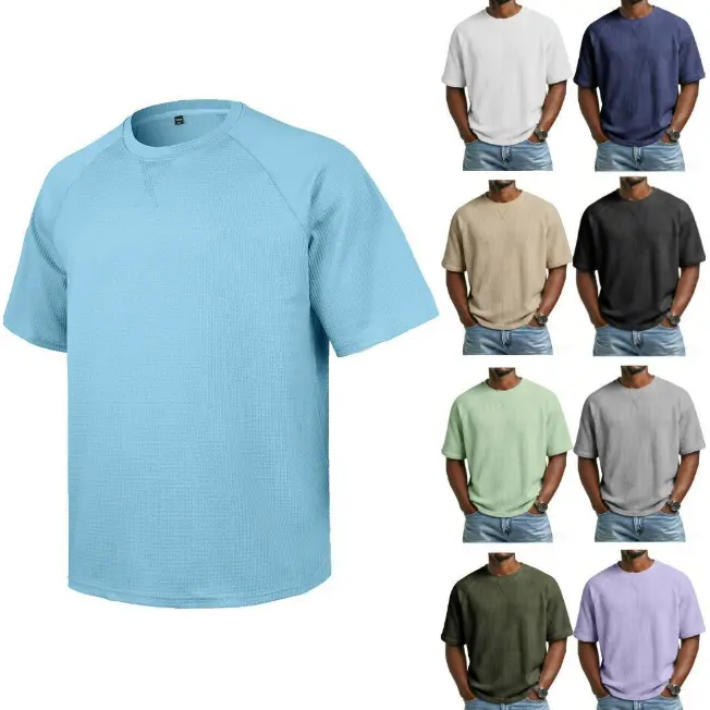 Men's Solid Color Plain Hollow Out Drop Shoulder Tee, Regular Fit Casual Comfy Fit Short Sleeve Round Neck T-Shirt for Summer, Casual Fashion Minimalist, Men's Knitting Top for Daily Wear, Casual Streetwear Top, Menswear Stylish Beige