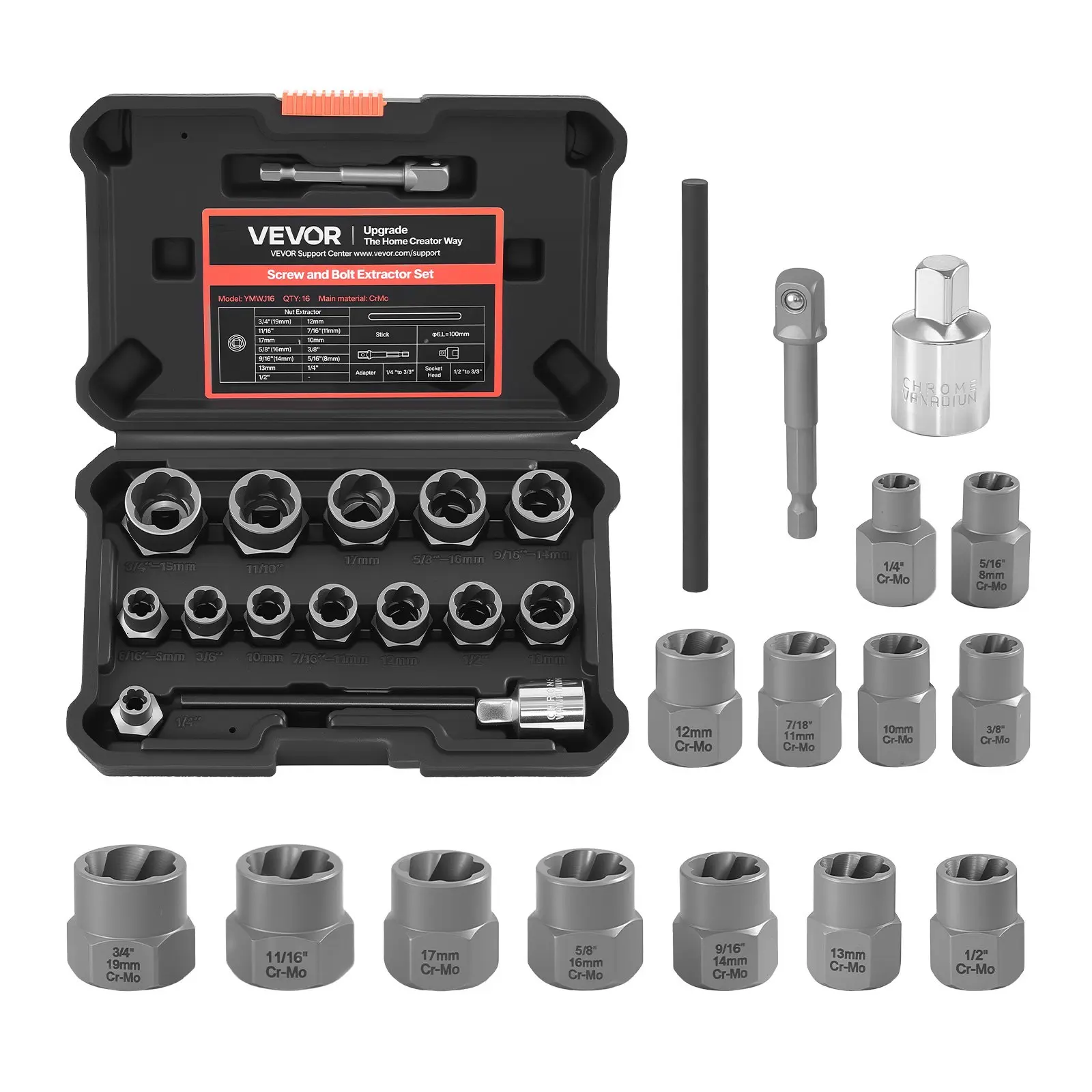【toolupgrade】VEVOR Metal Bolt Extractor Kit, 16-Piece Set (13+3) Impact Bolt Nut Remover with Adapters, Pin Punch, Solid Storage Case, Cr-Mo Steel for Furniture Bed Damaged, Rusted, Stripped Fasteners