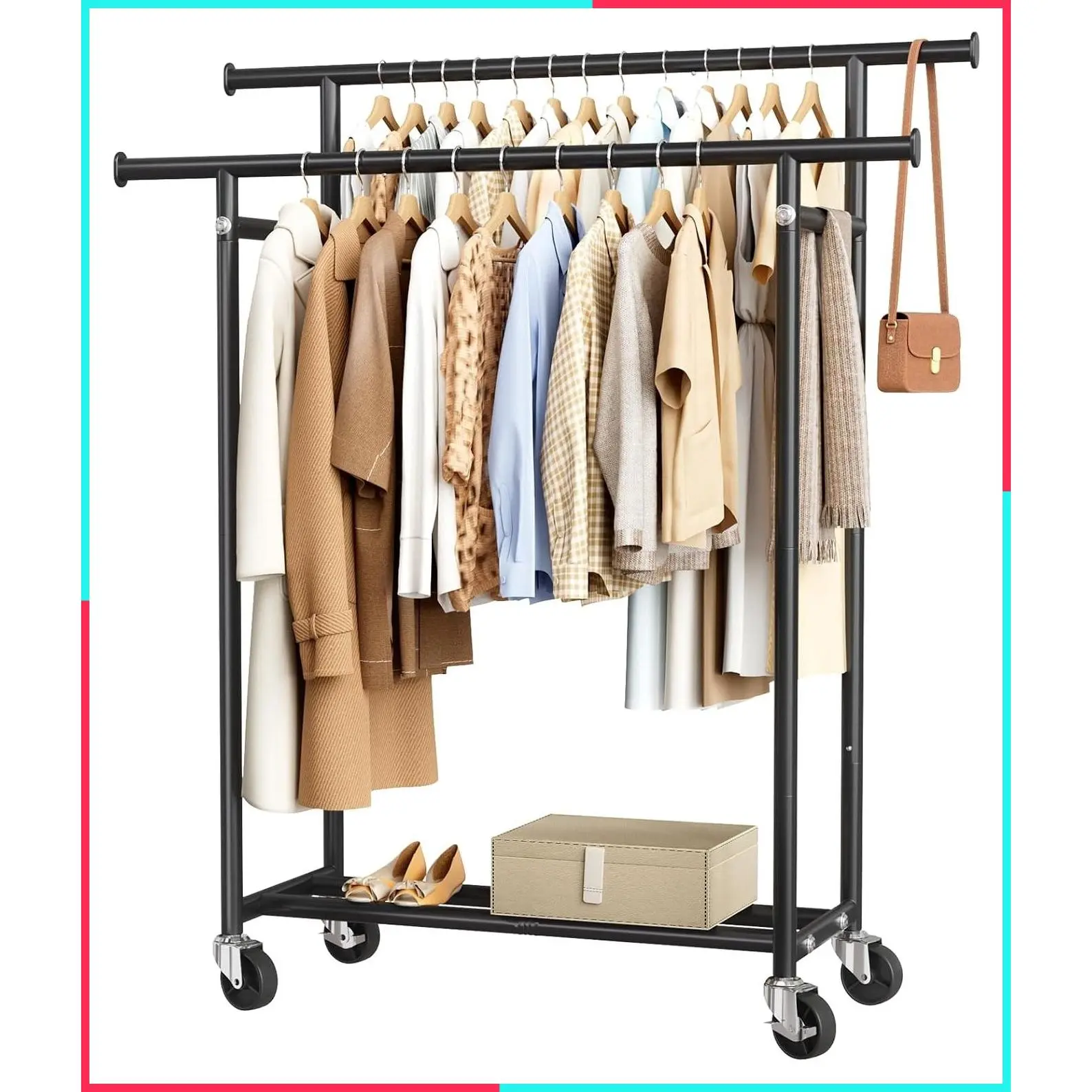 Double Rods Rolling Clothing Rack for Hanging Clothes, Portable Garment Rack with Wheels, Coat Rack Wardrobe Closet Load 240 LBS for Bedroom Laundry Room (Black, L)