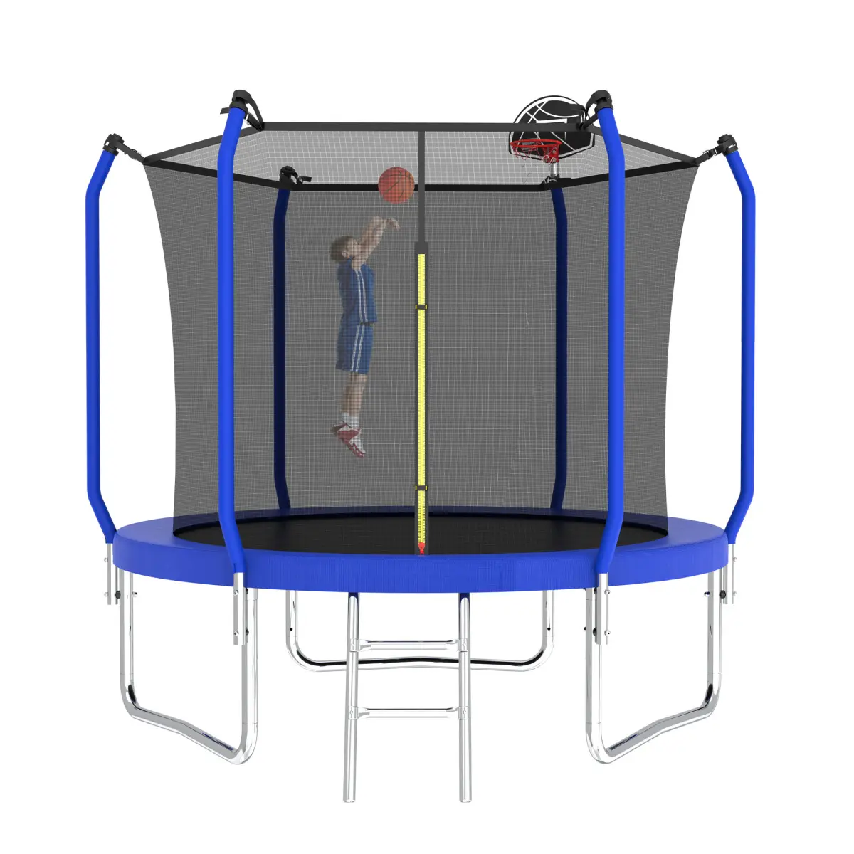 8FT Outdoor Trampoline with Basketball Hoop, ASTM Approved Reinforced Trampoline with Enclosure Net, 42pcs, Anti-UV PP Jumping Mat, Galvanized Rust-Resistance Steel, Heavy-Duty 2-Step Galvanized Steel Ladder, 100% Satisfaction Service, 8Ft Diameter, Enclo