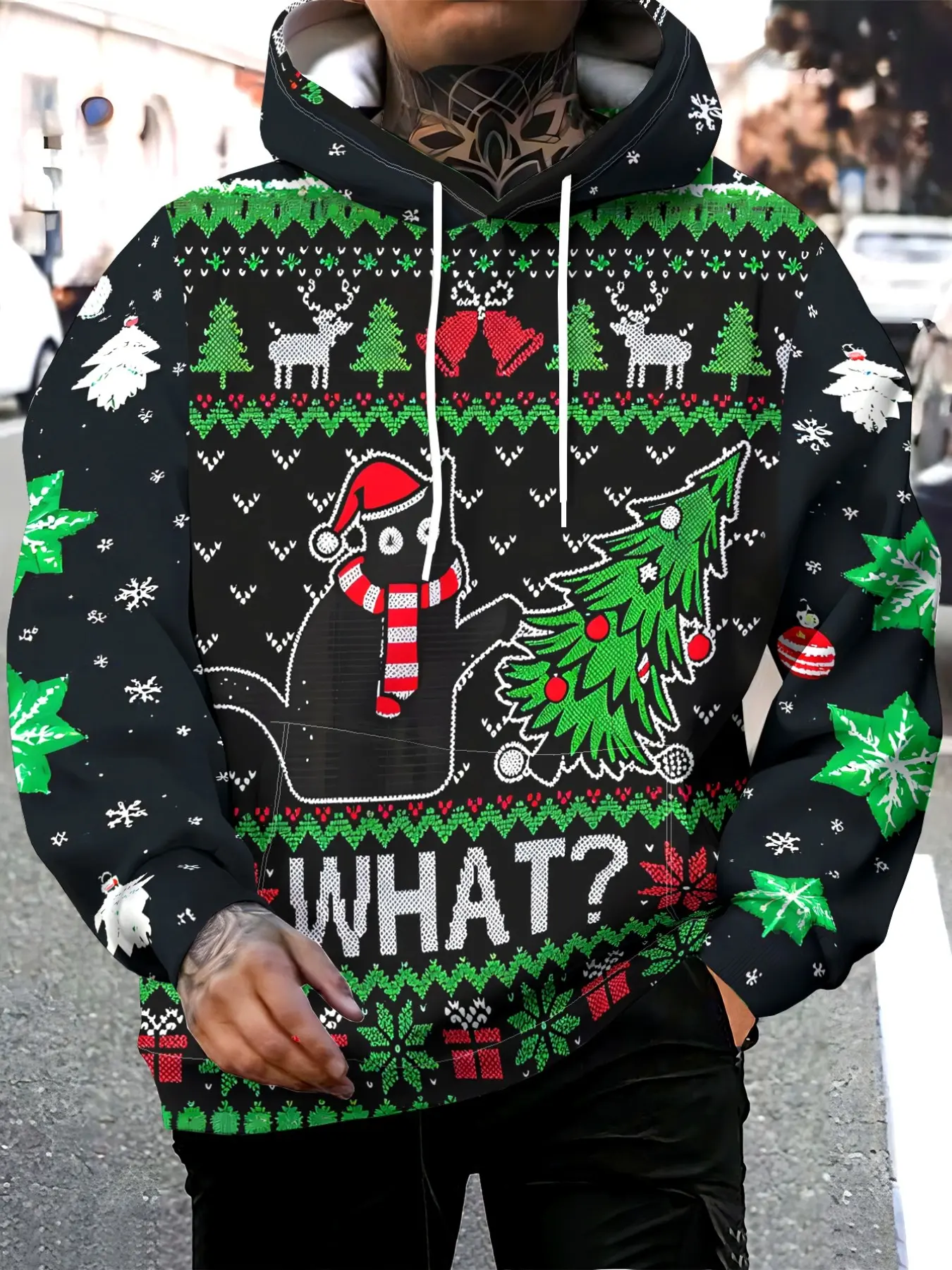 Christmas Cat Graphic Hoodie, Cute Christmas Party Top, Loose-Fitting Sweatshirt for Spring & Fall, Perfect Gift Choice