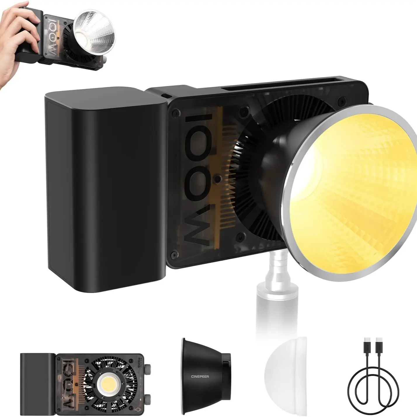 ZHIYUN CINEPEER CX100 100W LED Rechargeable Video Light with 4500mAh Battery, Bi-Color COB Continuous Output Lighting 2700K-6500K for Filmmaking/Live Streaming/Videography/Studio Photography
