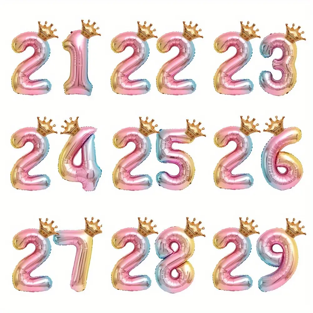 6pcs/set, 81cm/32inch, Crown Gradient Rainbow Balloon Set, including Crown balloons with numbers 21,22,23,24,25, suitable for decoration such as birthdays, anniversaries, Valentine's Day, etc., Birthday Party Decorations
