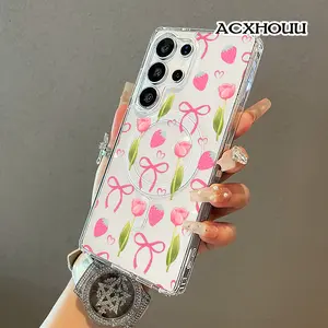 Coquette Tulip Strawberry Bow Seamless Art Magnetic Vintage Case for SAMSUNG S26 ULTRA S25 S24 S23 S22,Aesthetic Vibes Lightweight,Shockproof,Silicone,Scratch Resistant,and Cute