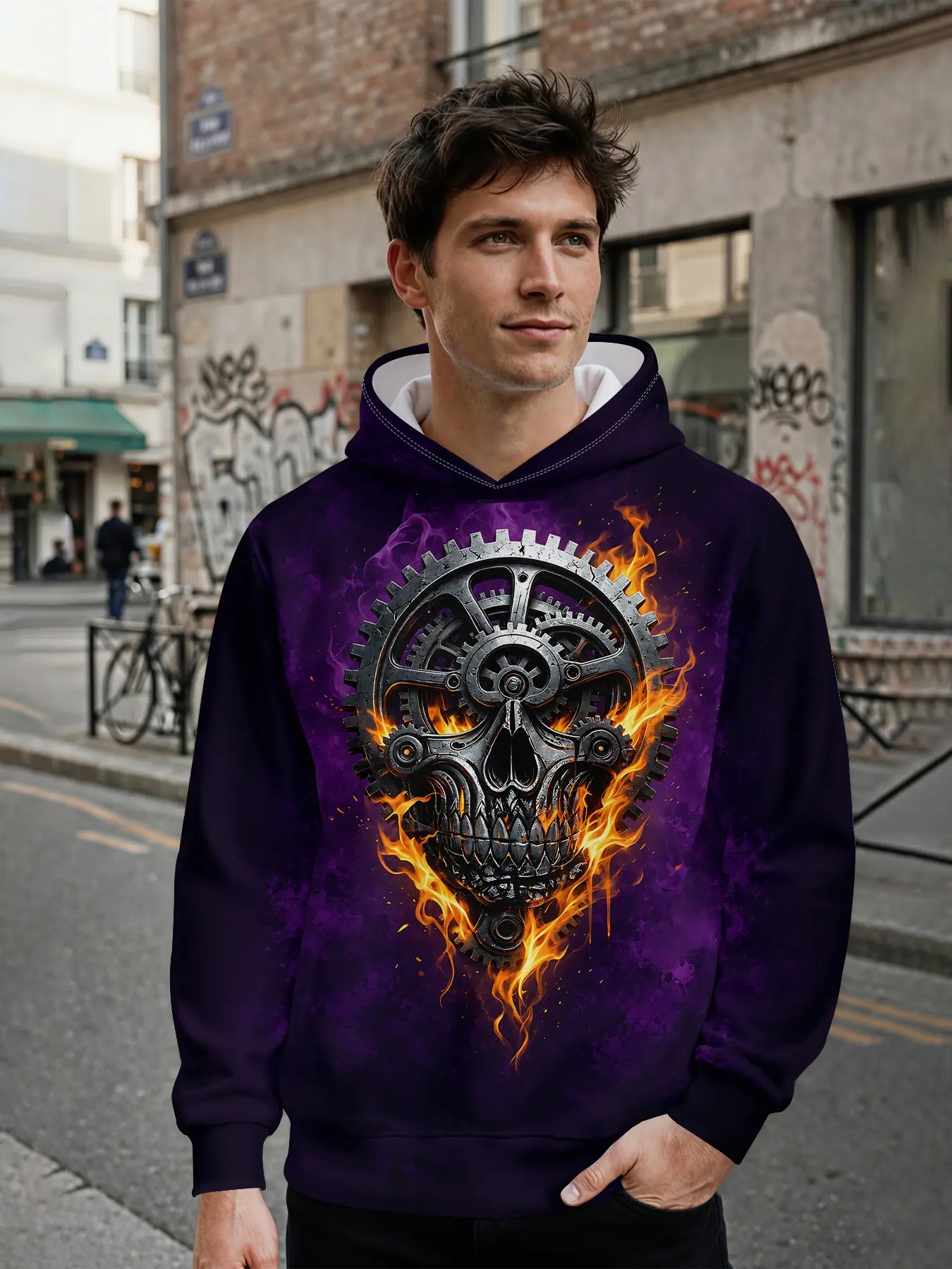 Men's 3D digital print hoodie with a deep purple base decorated with steampunk prints of mechanical gears, skulls surrounded by flames, full-print design, eye-catching for daily streetwear and music festival outfits, an ideal holiday gift for men