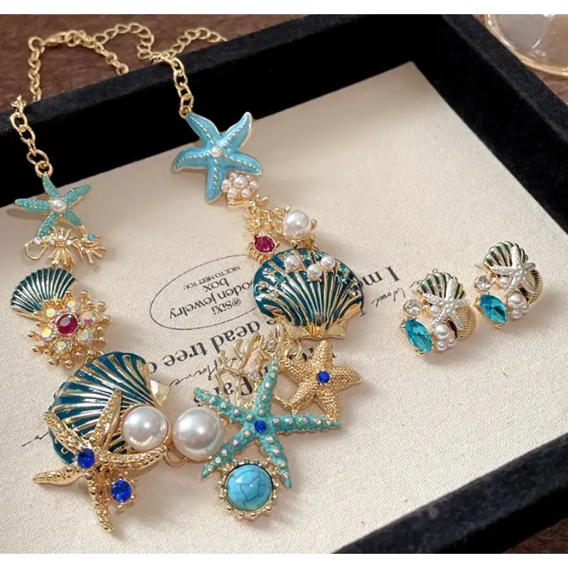 Nautical 2‑Piece Jewelry Set for Women, Enamel Seashell Starfish Choker and Stud Earrings with Pearls Rhinestones, Colorful Vacation Gift Jewelry Set
