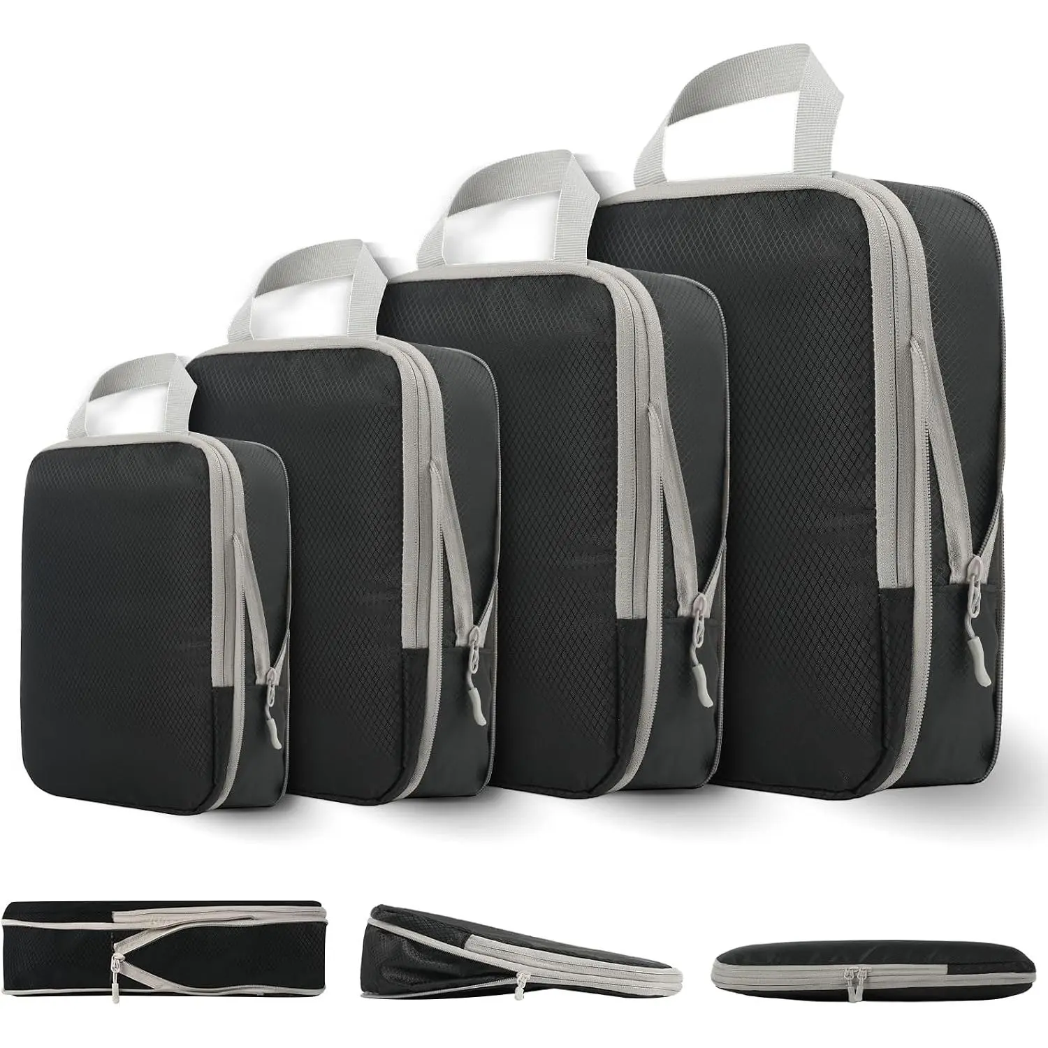 Black 4-Piece Expandable Compression Packing Cubes, Lightweight Water-Resistant Luggage Organizers for Travel, Compact & Space-Saving Design, Multi-Purpose Bag Set Travel Organizers