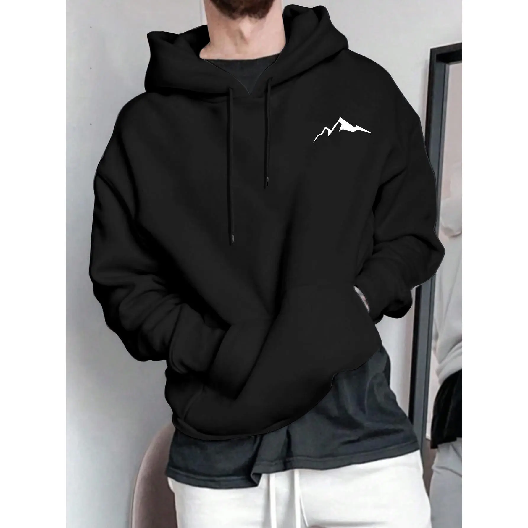 Menswear Long-Sleeve Mountain Print Fleece-Lined Hooded Pullover, Casual Men's Tops with Drawstring & Kangaroo Pocket for Spring-Autumn