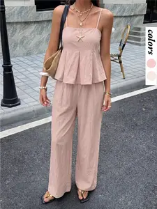 Fashion Chic Holiday Style Two-Piece Set, Sleeveless Fitted Vest Top and Wide Leg Pants, Casual Plain for Women