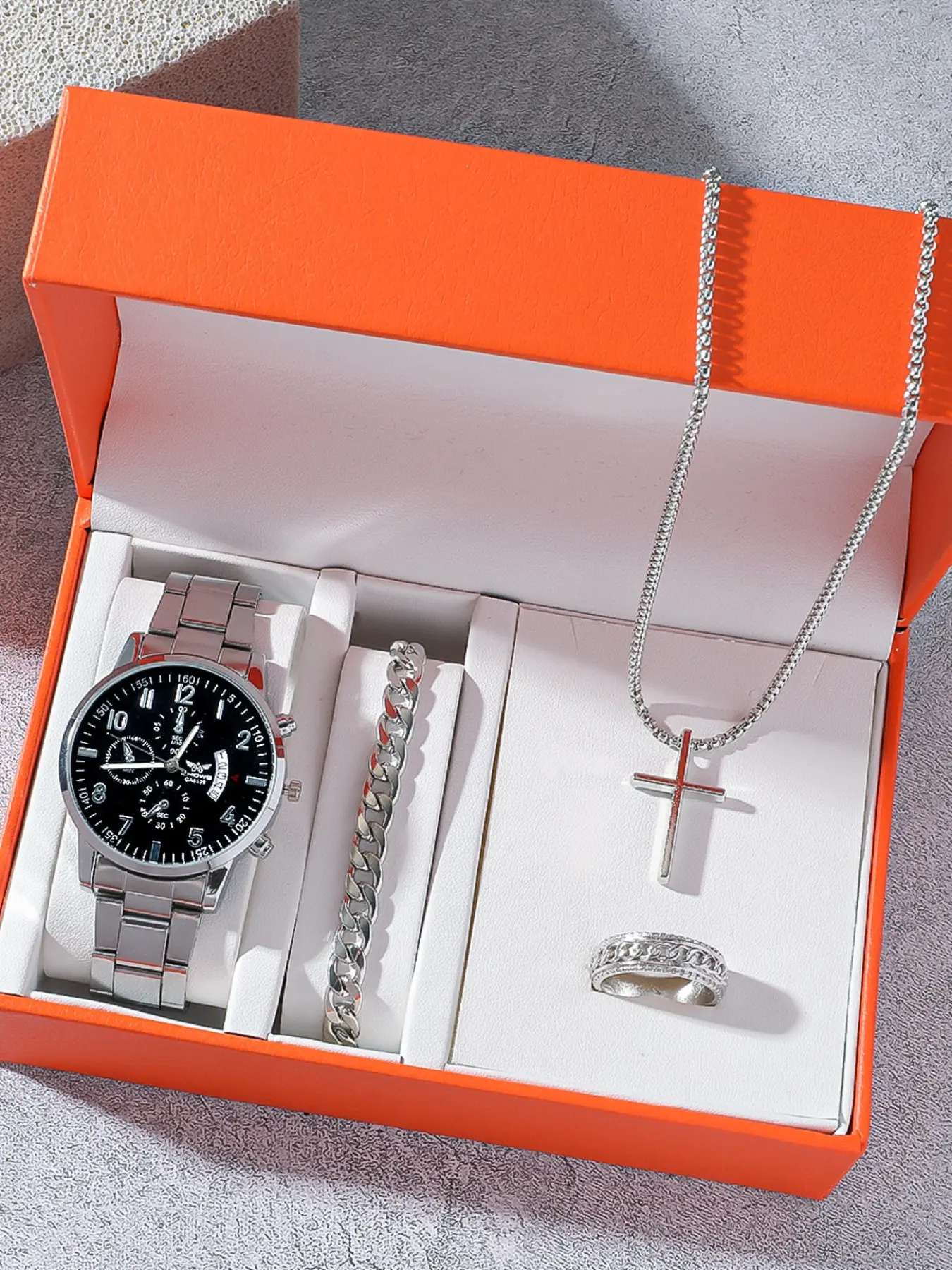 Men's Silver Color Watch Bracelet Necklace Ring Set, Valentine's Day Father's Day Gift, New Style Fashion Jewelry Set, Fashionable Jewelry Set
