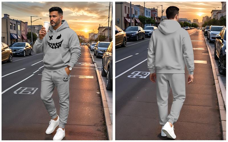 Men's Evil Smiley Face Pattern Hoodie and Drawstring Sweatpants Set, Casual Sports Long-Sleeved Hoodie and Pants, Suitable for Autumn and Winter, Street Style Hoodie Set, Men's Everyday Wear, Indoor and Outdoor Sportswear, Sports Set
