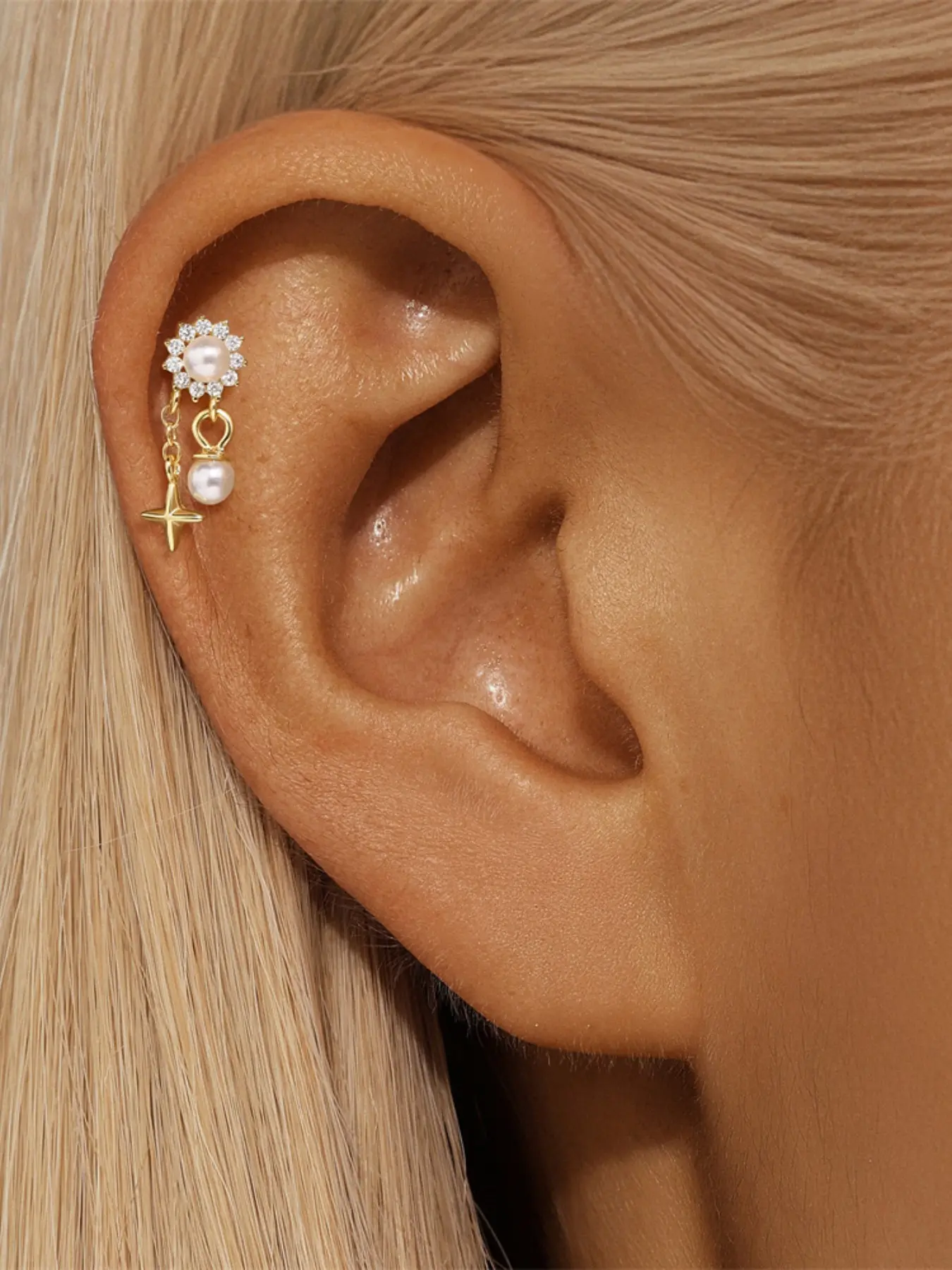 1PC 925 Sterling Silver Classic Sunflower Pearl Tassel Flat Back Stud Earrings Fashion Earrings Hypoallergenic Cartilage Helix Tragus Lobe Piercing Jewelry Suitable For Women For Daily, Dates, Vacation, Wedding, Party, Holiday Gift