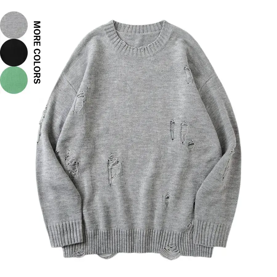 One men’s knit sweater available in multiple colors with distressed details and a crew neck; urban casual style with distressed raw hem and a loose fit. Multiple color options suit various styles—ideal for men’s everyday commuting, shopping, and exploring