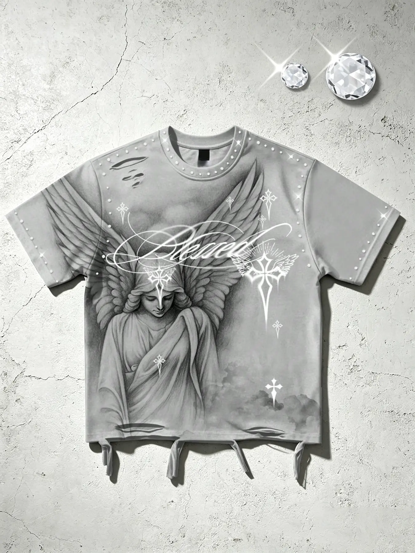 American Street Style Angel Print Short Sleeve Loose T-Shirt, Rhinestone Collar, Ripped Hem, Vintage Cross, Gothic Fashion Top