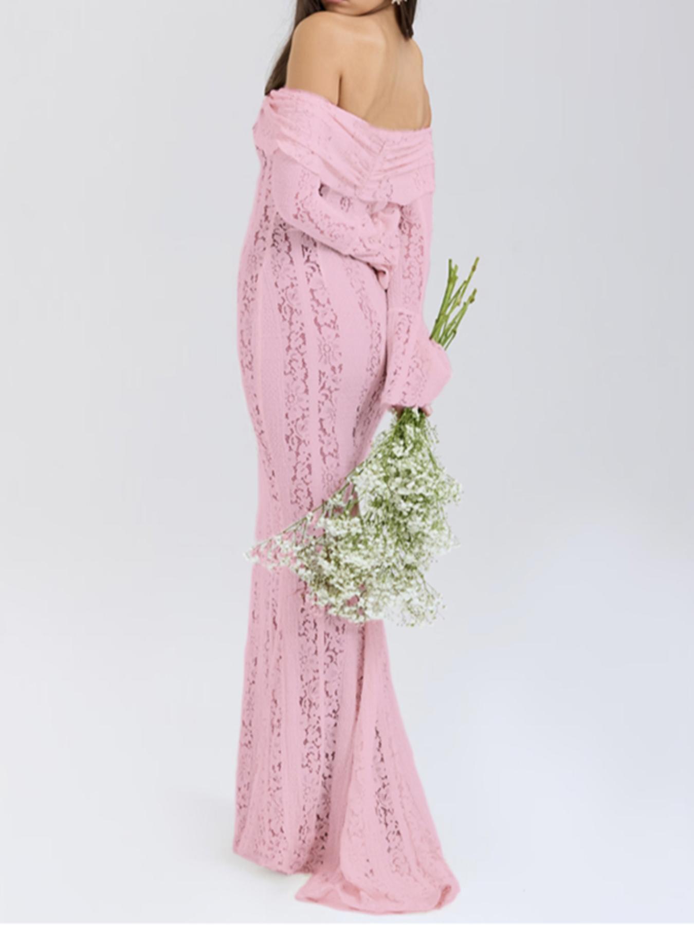 Women's Off The Shoulder Tie Front Lace Bodycon Dress, Elegant Long Sleeve Flounce Sleeve Zipper Back Maxi Dress for Party Holiday Wedding Guest, Ladies Spring & Fall Clothes,  Bridal Attire Valentine's Day, gift