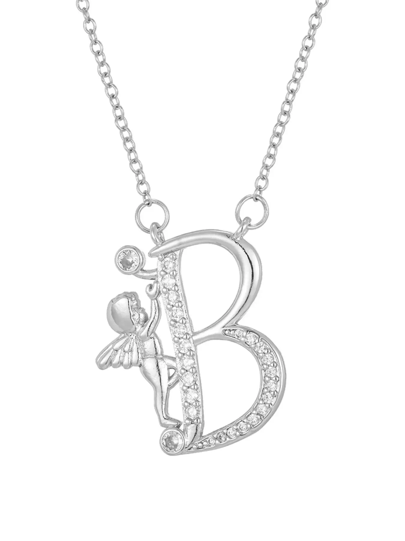 Silver Angel Alphabet Pave Letter Necklace for Women, Alphabet Necklaces, A-Z Initial Pendant Necklace with Crystal Accents, Fairy Letter Charm Jewelry, Personalized Name Necklace, Gift for Birthday, Anniversary, Valentine's Day, Daily Wear