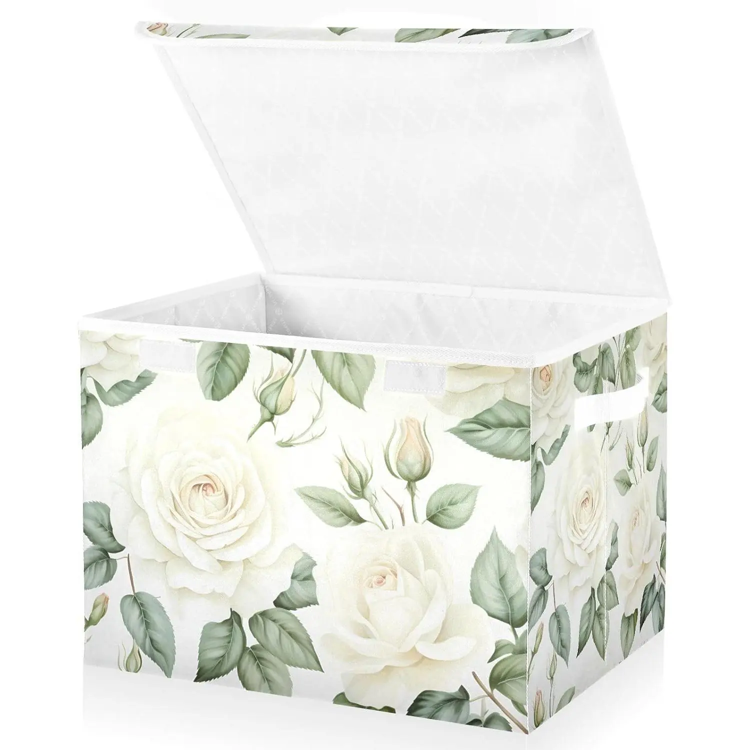 Flower Baskets Collapsible Storage Bins with , White Rose Flower Storage Boxes Clothes Baskets for Organizing