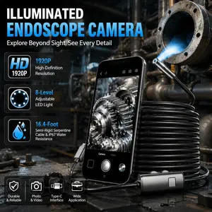1920P HD Industrial Borescope with Semi-Rigid Snake Probe, Panoramic & C-Shape Dual Modes, 8-Core LED Auto-Adjust, Plug & Play for iOS Android Windows Mac, IP67 Waterproof for Car Repair Pipe Inspection Mechanical Maintenance