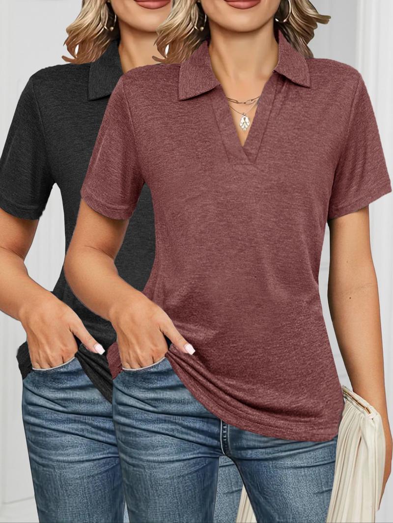 Women's Solid Color Polo Shirt, Casual Short Sleeve Collared Top for Daily Wear, Ladies Clothes for All Seasons, Cute Tops