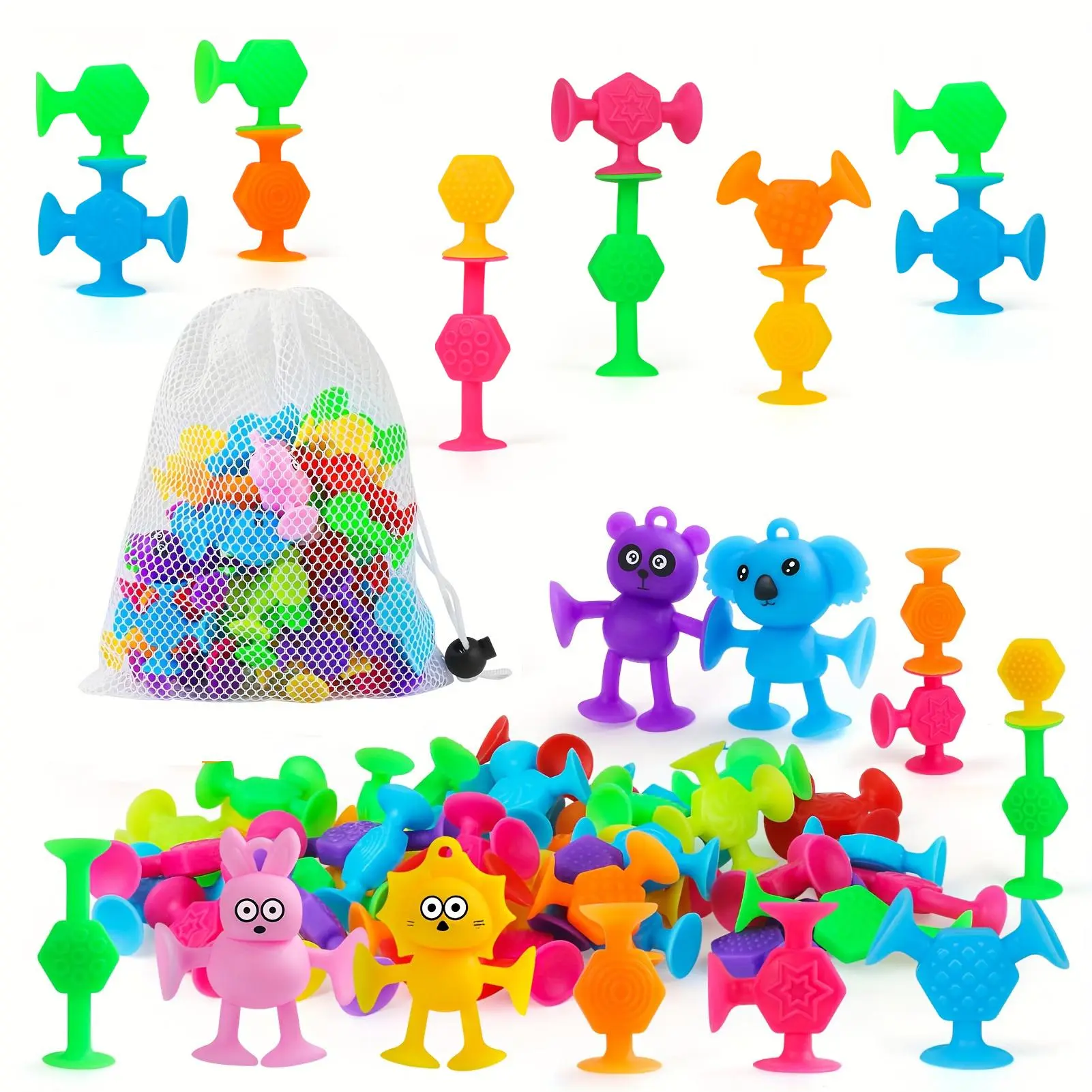 Silicone Animal Design Suction Cup Toy, 40pcs/set Cute Suction Toy with Mesh Drawstring Storage Bag, Fun Bathing Toy Soft Silicone Building Toy, Sensory Montessori Toy for Kids Babies Play