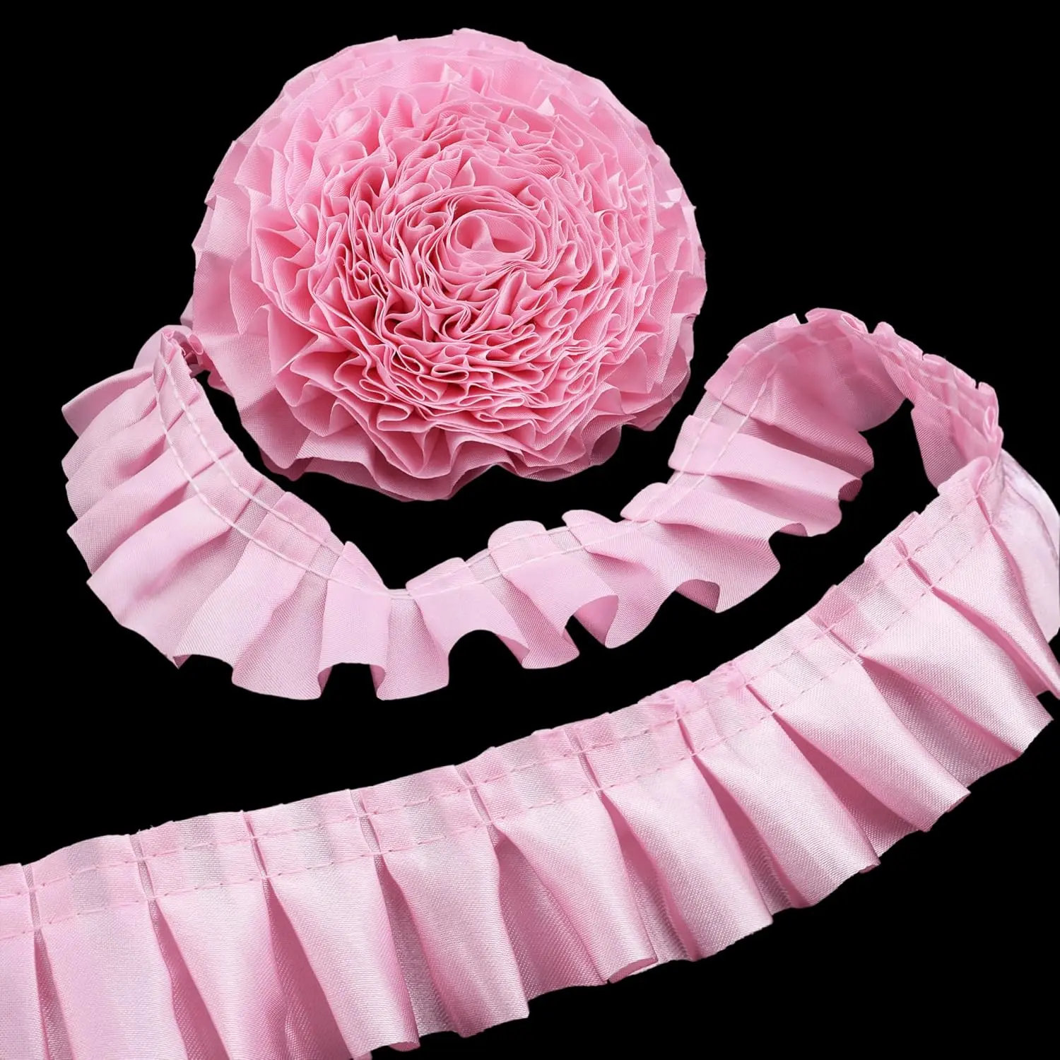Ruffle Pleated Lace Trim Satin Ribbon Gather Edge for Applique Sewing Crafts, Home Decoration (Pink)