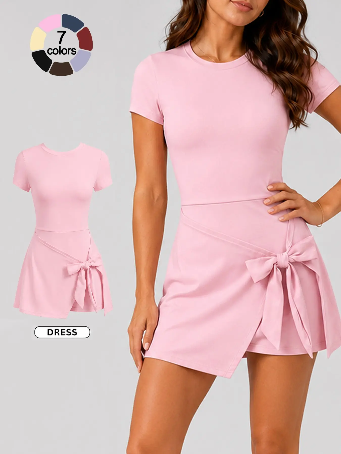 Women's Pajama One Piece Dress Short Sleeve Backless Faux Two Piece Anti Exposure Design Four Way Stretch Tummy Control, Butt Lifting, Fit, Buttery Soft Breathable Pilates Yoga Dress for Daily Home Going Out Travel Wear Casual Bodysuit Loungewear