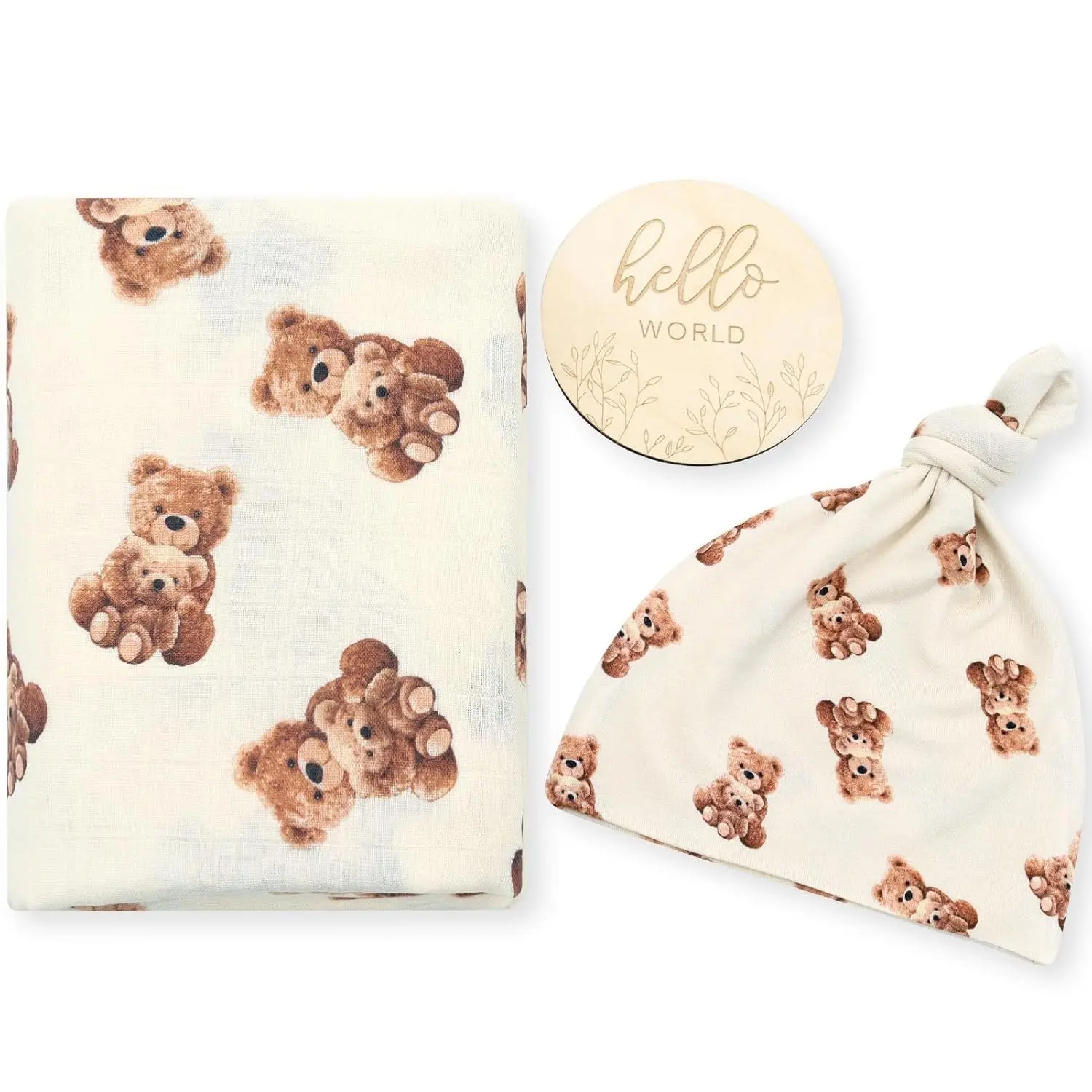 Muslin Swaddle Blankets, Muslin Baby Swaddle Blanket and Hat Set with Birth Announcement Card, Newborn Unisex Receiving Blankets Bear Pattern
