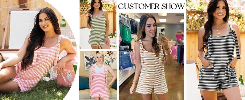 PASLTER Womens Summer Casual Sleeveless Romper Loose Striped Tied Shorts Overalls Jumpsuit with Pockets 2025 Clothes