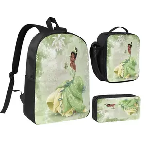 3pcs Princess and the frog Backpack Set for Girls & Boys Princess and the frog decorations Laptop School Bag with Insulated Lunch Bag & Pencil Pouch Popular Princess tiana Daypack for Teens, Students & Office Workers