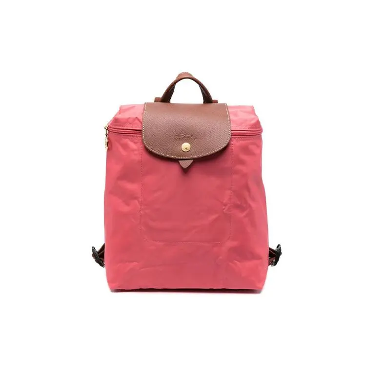 Longchamp Le Pliage Nylon and Calfskin Backpack, Medium Size, Men’s, Textured Logo Snap-Zip Closure, Rose Red