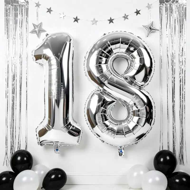 Silver Color Number 18 Aluminum Foil Number Balloons Set, Reusable, Durable, 32 Inch, Perfect for 18th Birthday Party Decorations