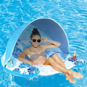 Inflatable Pool Lounge Chair with Removable Canopy, Adult Leaf Float Hammock, Foldable Beach Float with Cup Holder, Portable Summer Gift, Pool Float Lounger, Pool Inflatables