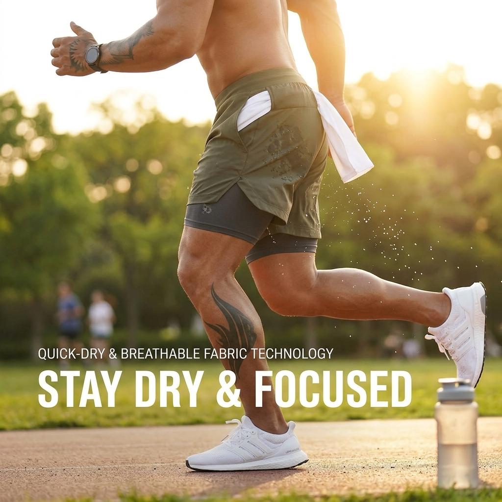 Men’s 2 in 1 Running Shorts Towel Loop  Shorts Dual Layered Sports Running Shorts with Pockets Comfortable Quick Dry Workout Shorts for Gym Outdoor Fitness Dual Layered Available