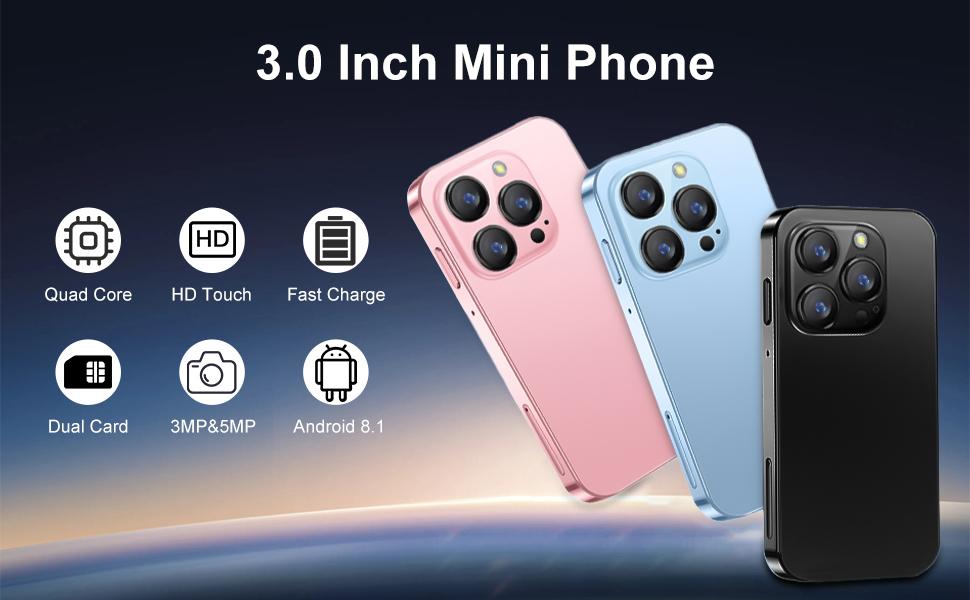 Mini phone Unlocked Mini Smartphone for kids 3.0" HD Touch Screen  Smallest Cell Phone Quad Core Dual Sim Card Face ID Android Compact Small Mobile Phones for Student Pocket 2GB+16GB  Blue