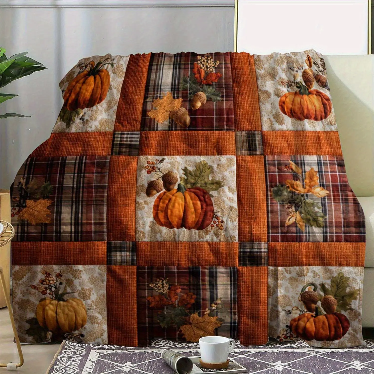 1 piece of vintage autumn patchwork flannel blanket, a soft and warm plush shawl, featuring a pumpkin and leaf print, in orange, brown, beige, and red and white, a rustic-style plush blanket with floral prints, suitable for all seasons, and can be used as