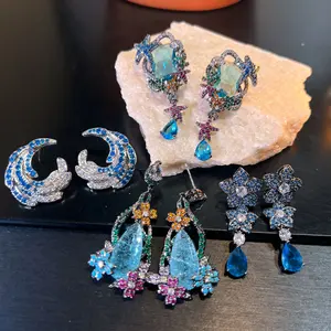 Deep Sea Mystic Blue Sapphire Starburst Earrings, Ocean Wave Inspired Design, S925 Sterling Silver Stud Earrings, Sparkling CZ Crystal Sea Light Jewelry, Elegant Luxury Fashion Earrings for Women, Gift for Her, Evening Party Jewelry, Trendy Aesthetic