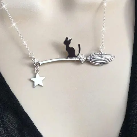 Gothic Vintage Cat Magic Broom Star Pendant Necklace, Unique Design Women's Party Creative Jewelry, Stylish Accessory for Special Occasions, Costume Jewelry Necklaces