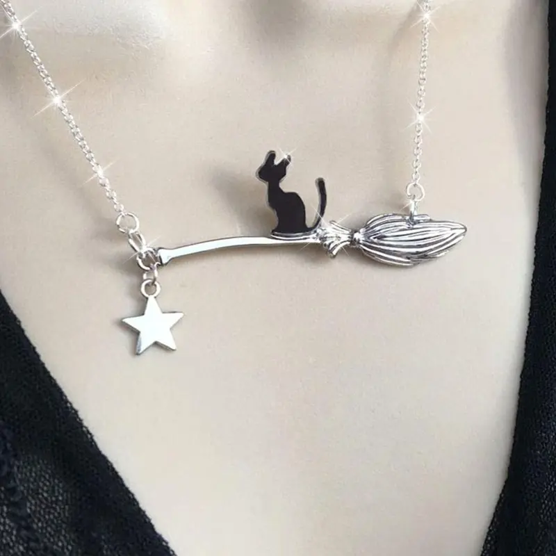 Gothic Vintage Cat Magic Broom Star Pendant Necklace, Unique Design Women's Party Creative Jewelry, Stylish Accessory for Special Occasions, Costume Jewelry Necklaces