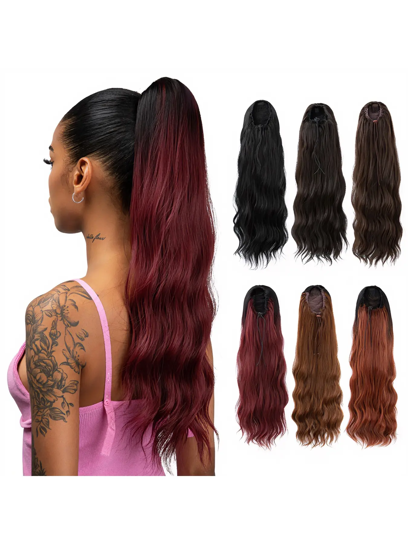 Drawstring Long Water Wave Ponytail Hair Extensions for Women, High Ponytail Fake Hair Piece, Bestseller, 8 Color Options