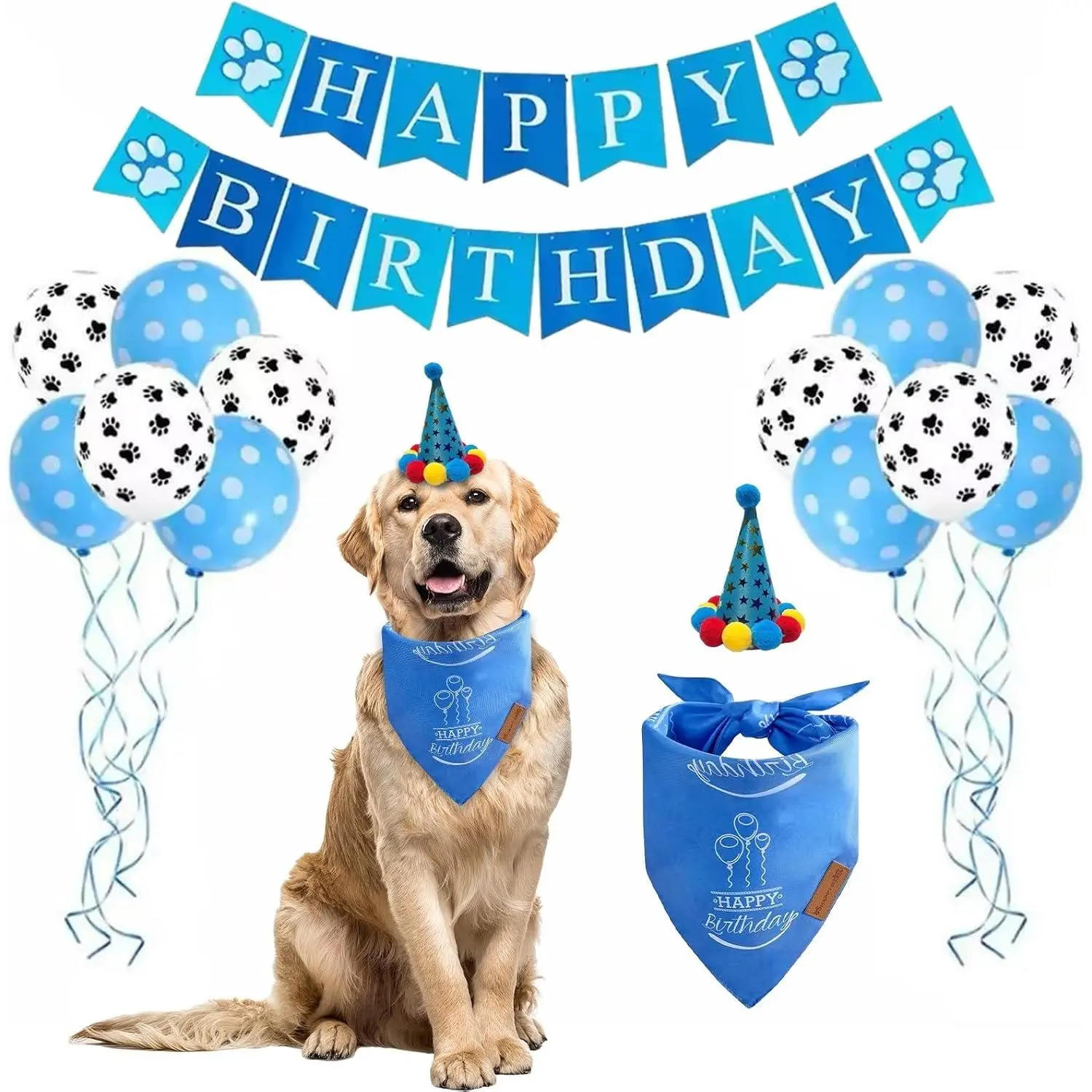 Birthday Party Supplies, Complete  Birthday Decoration Kit with Bandana, Hat, Happy Birthday Banner & Paw Print Balloons, Puppy Birthday Outfit for Small Medium Large Dogs(Small)