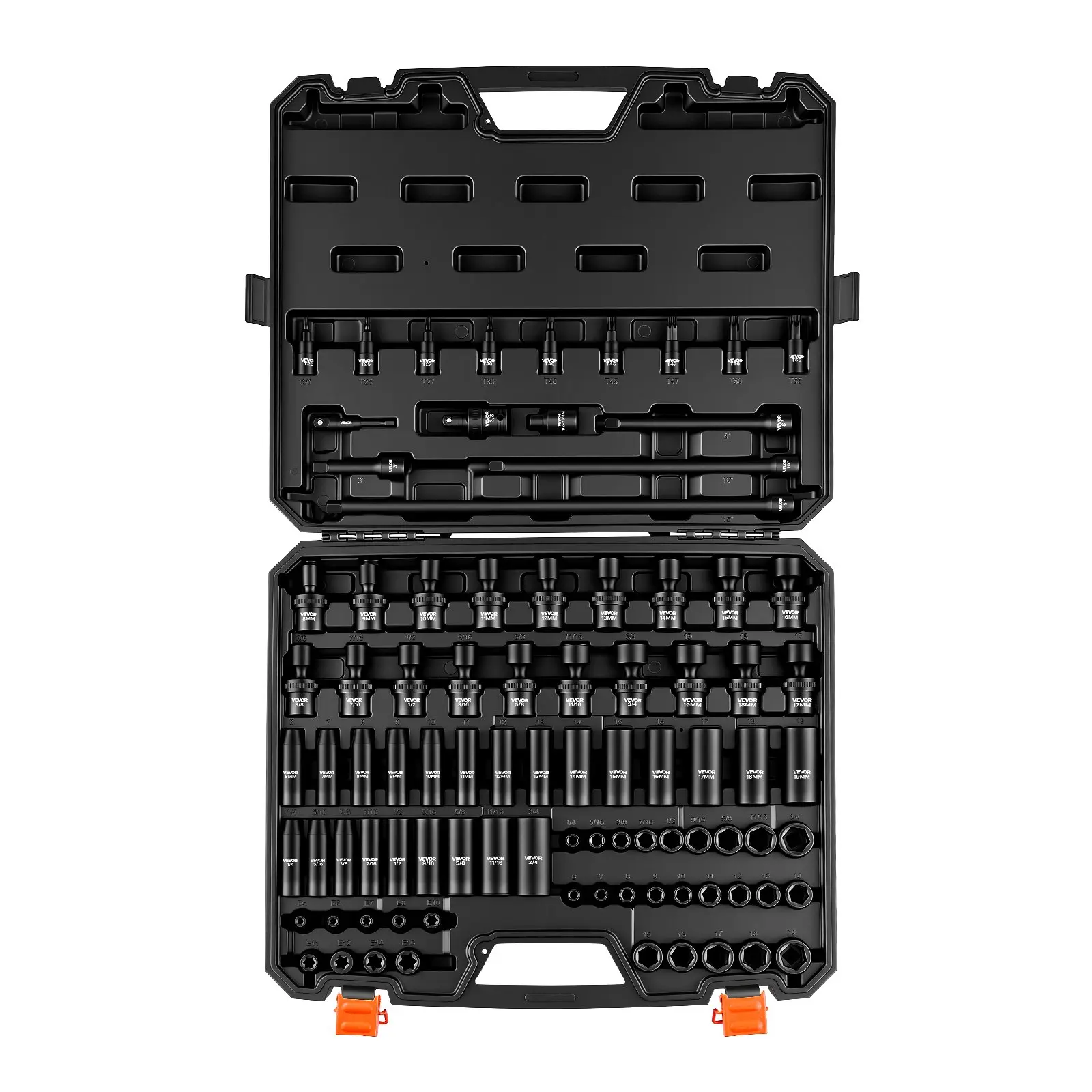 【toolupgrade】VEVOR 3/8"-Drive 90-Piece Hexagonal Impact Socket Set, Cr-Mo Steel, SAE (1/4"-3/4") & Metric (6-19 mm) Sizes, Easy ID, Included Adapters, Sturdy Storage Case for Vehicle Repair