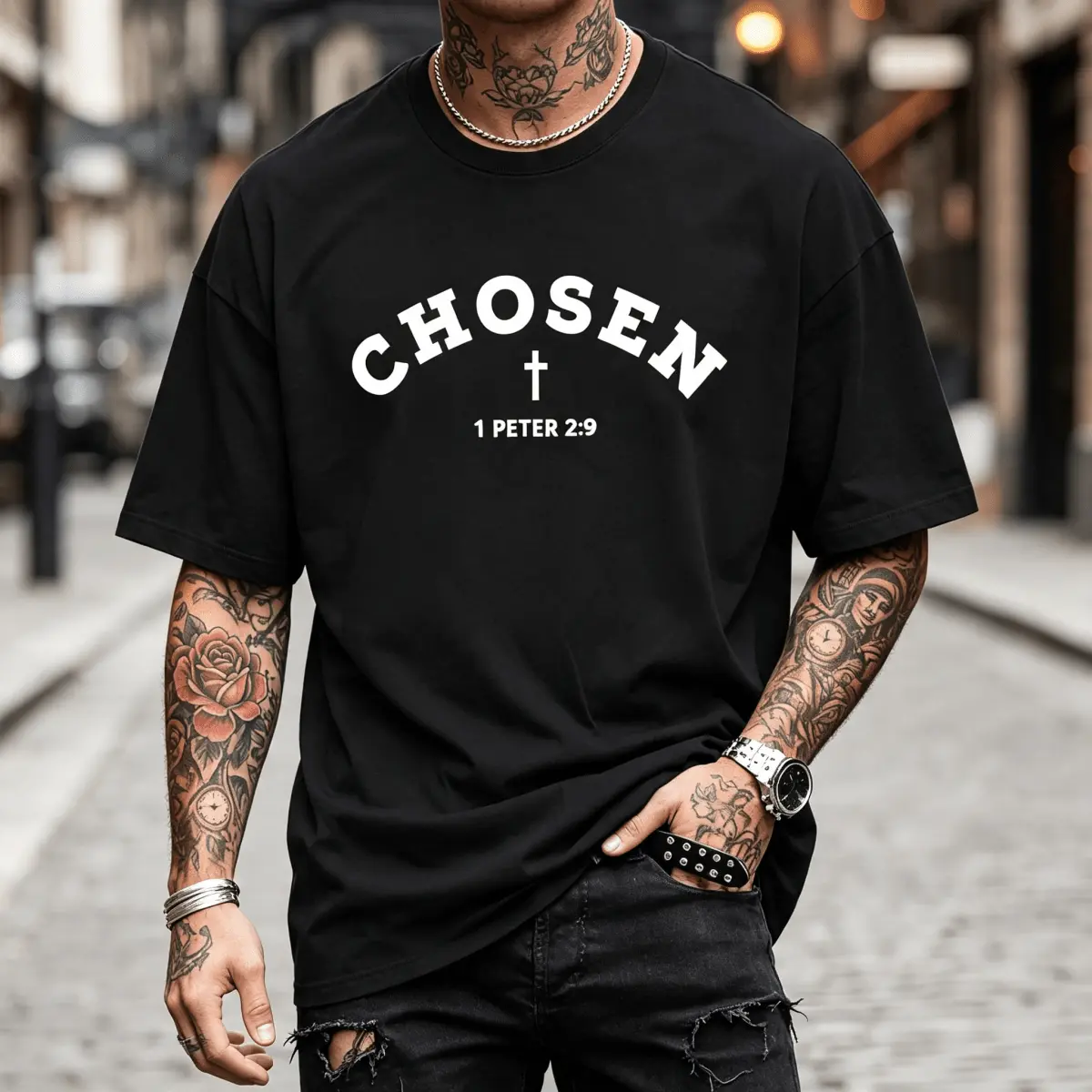Men's 100% Cotton Crew Neck T-Shirt, Chosen 1 Peter 2:9 Cross Faith Letter Print Short Sleeve Tee, Street Casual Top, US Local Shipping
